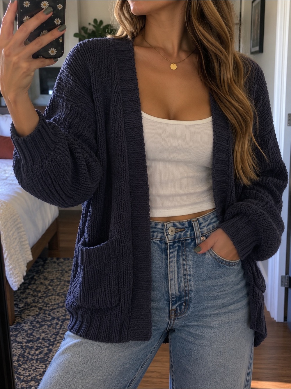 American Eagle Outfitters Chunky Open-Front Cardigan in Navy